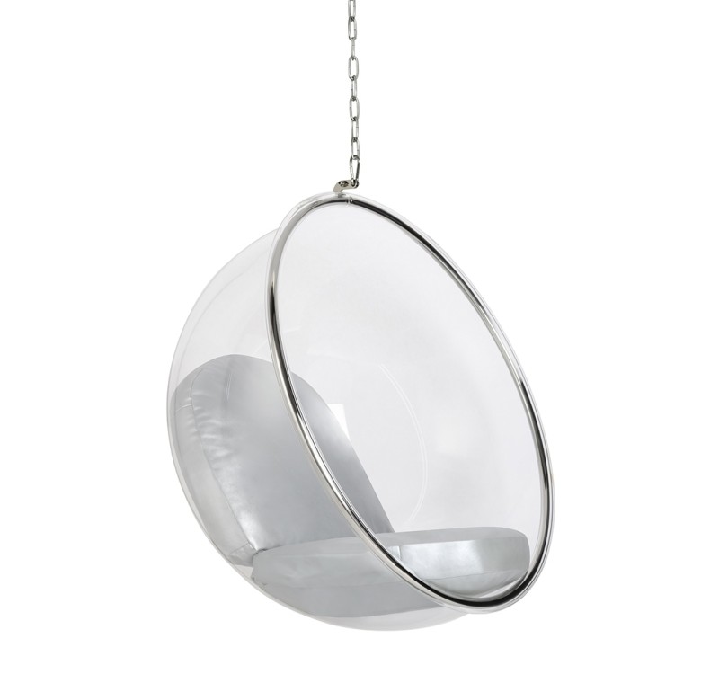 Fotel wiszący BUBBLE poduszka srebrna - korpus akryl, poduszka ekoskóra