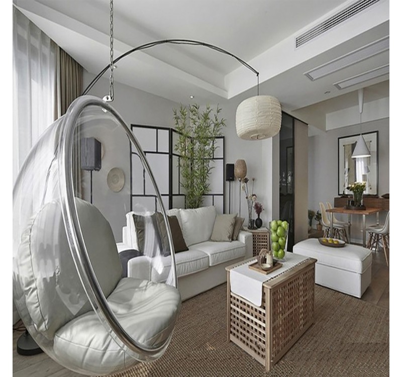 Fotel wiszący BUBBLE poduszka srebrna - korpus akryl, poduszka ekoskóra