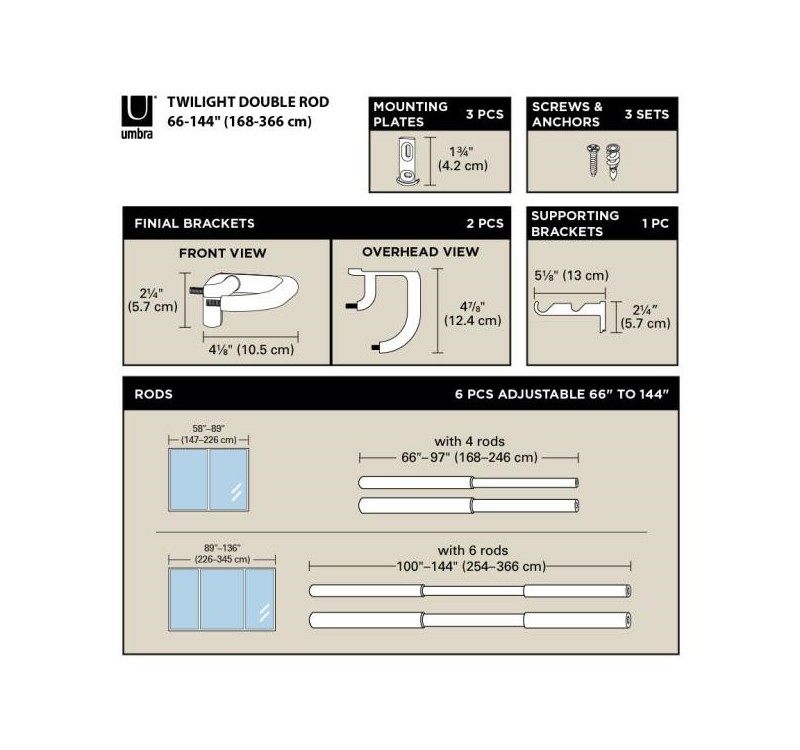 UMBRA karnisz TWILIGHT DOUBLE 168 - 365   cm srebrny