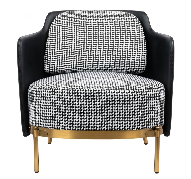 Fotel VENICE tkanina pepitka biało - czarna ekoskóra czarna - złota podstawa