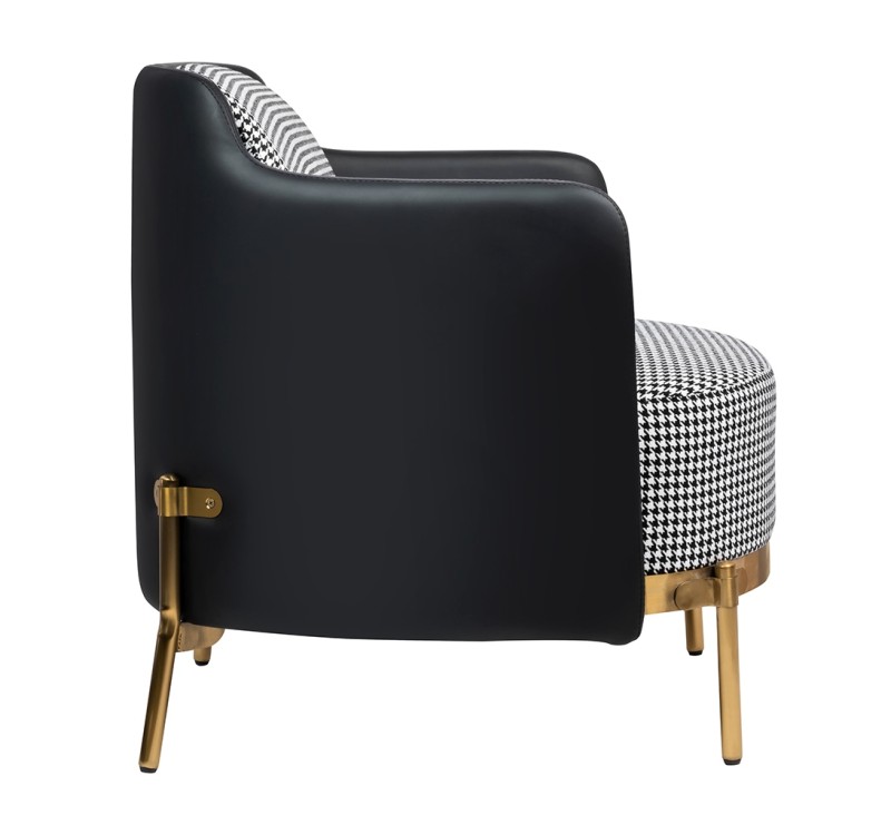 Fotel VENICE tkanina pepitka biało - czarna ekoskóra czarna - złota podstawa