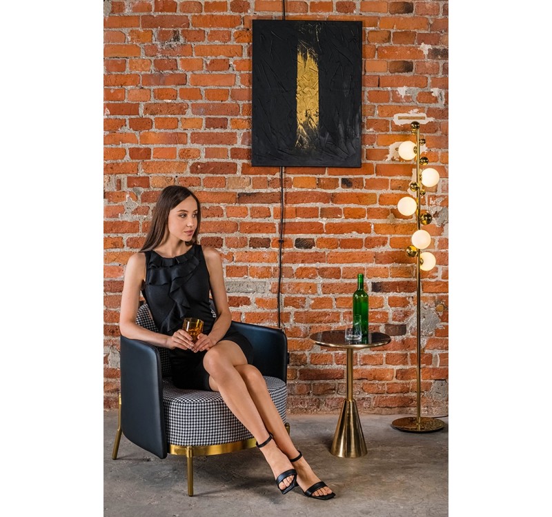 Fotel VENICE tkanina pepitka biało - czarna ekoskóra czarna - złota podstawa