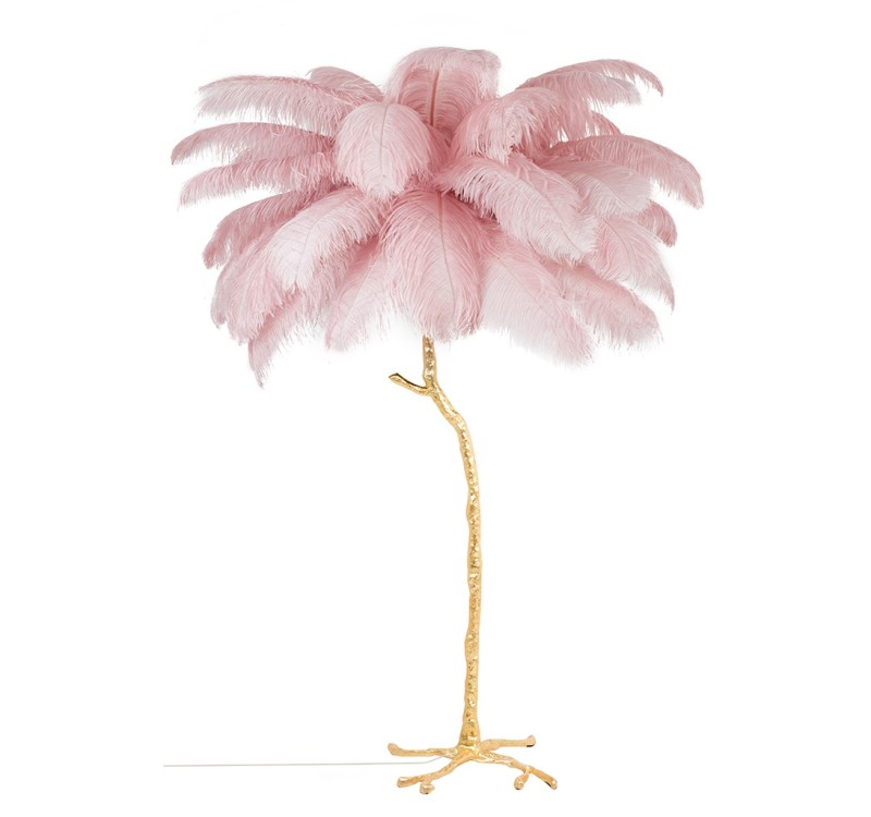 Lampa podłogowa TIFFANY 175 różowa mosiądz / naturalne pióra