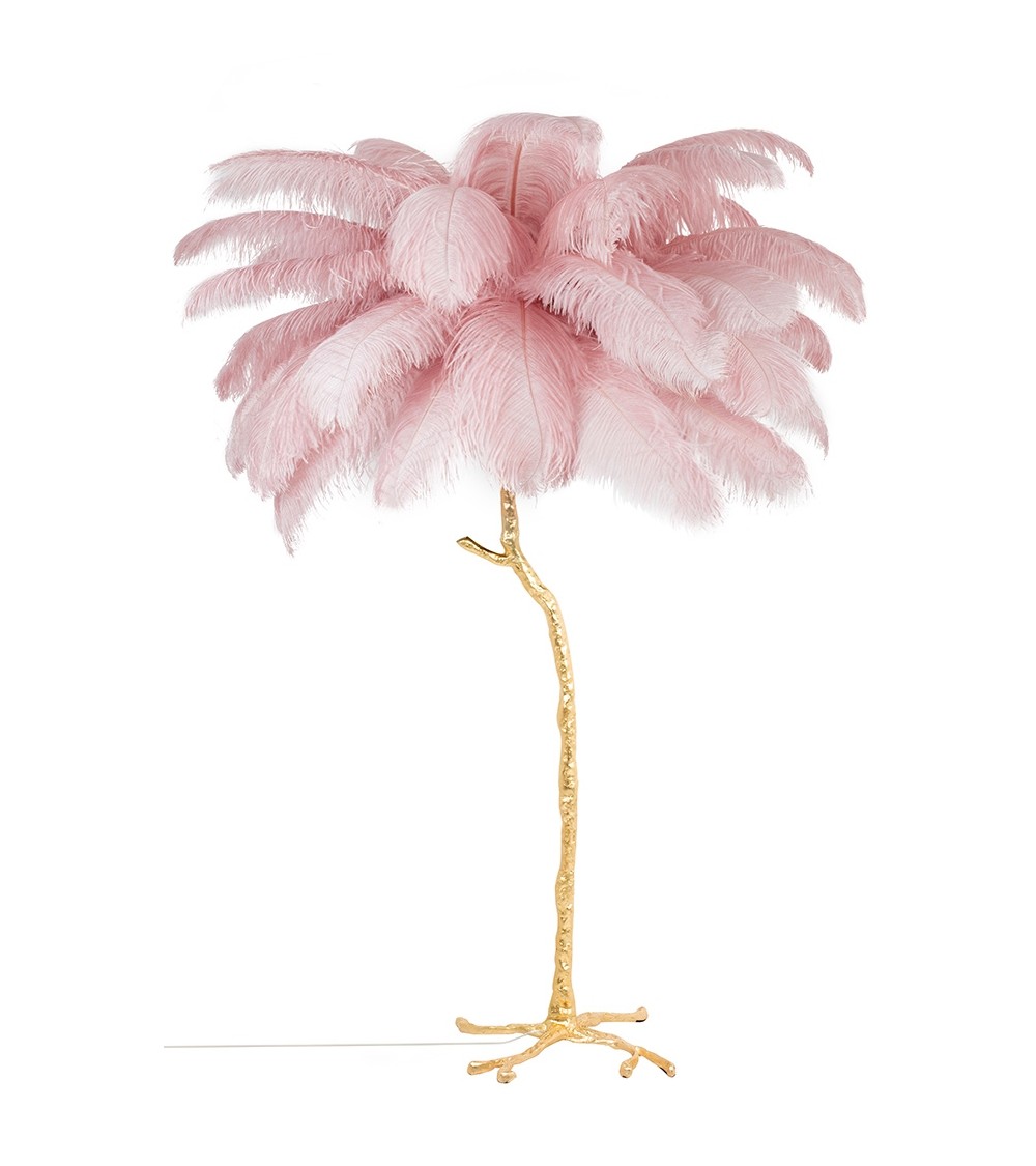 Lampa podłogowa TIFFANY 175 różowa mosiądz / naturalne pióra