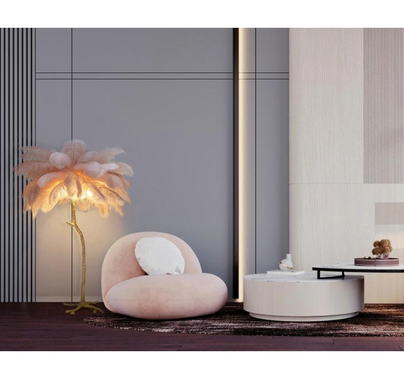 Lampa podłogowa TIFFANY 175 różowa mosiądz / naturalne pióra