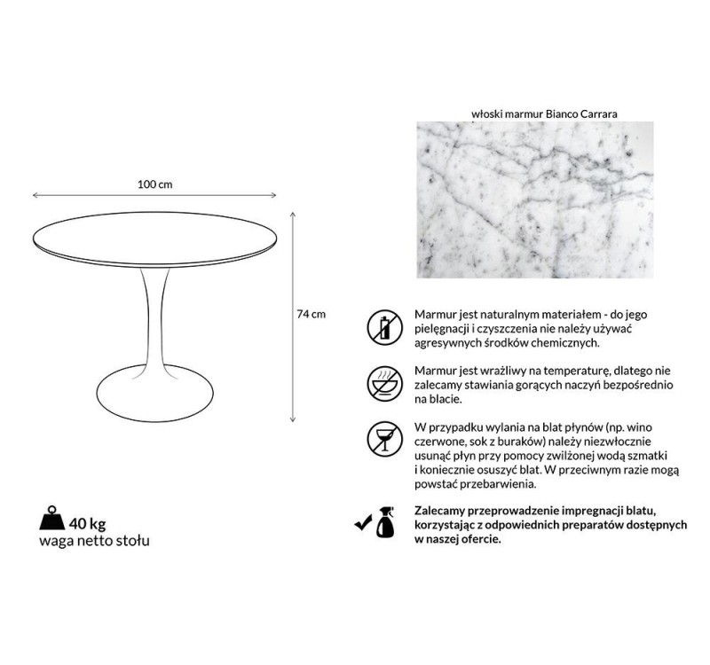 Stół TULIP MARBLE 100 CARRARA biały - blat okrągły marmurowy, metal