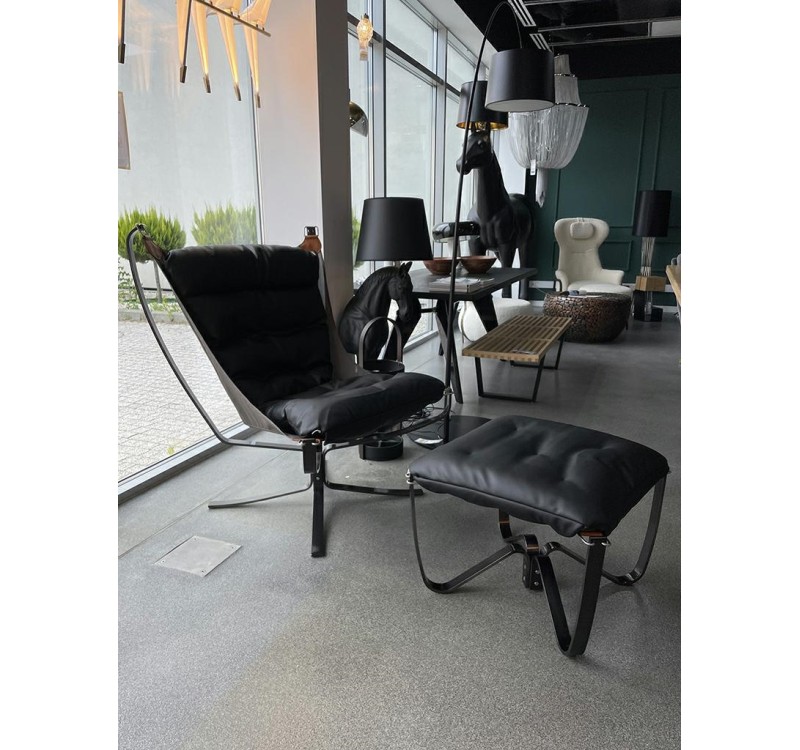 Fotel ARNI HIGH z podnóżkiem czarny - ekoskóra, stal szczotkowana