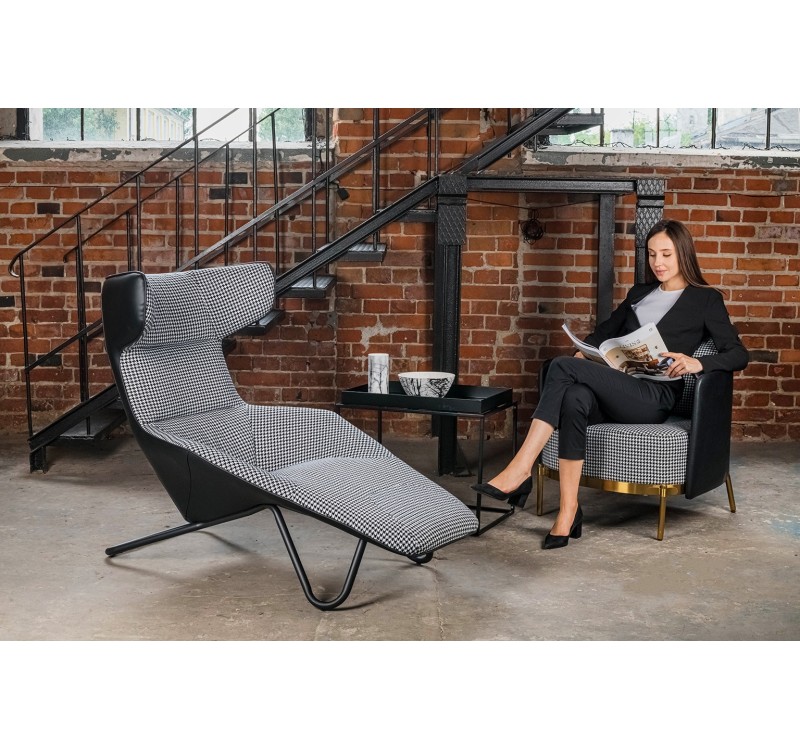 Leżanka VITA tkanina pepitka biało - czarna, ekoskóra czarna