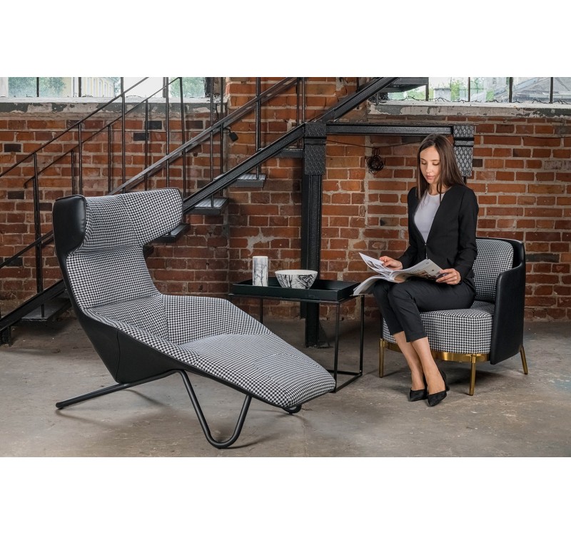 Leżanka VITA tkanina pepitka biało - czarna, ekoskóra czarna