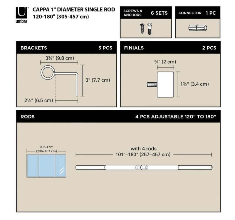 UMBRA pojedynczy karnisz CAPPA 305 - 457  cm złoty