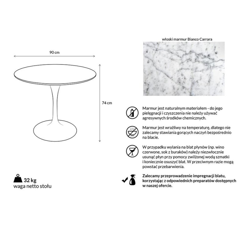 Stół TULIP MARBLE 90 CARRARA biały - blat okrągły marmurowy, metal