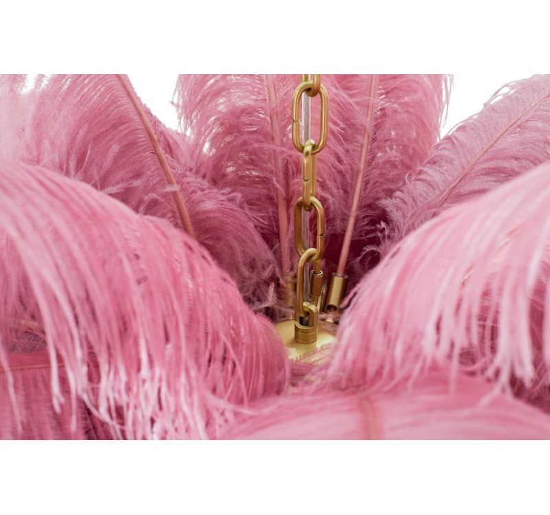 Lampa wisząca TIFFANY 135 różowa mosiądz / naturalne pióra