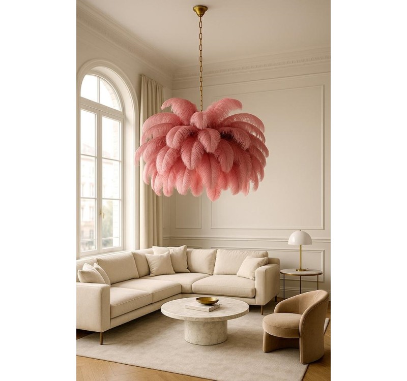 Lampa wisząca TIFFANY 135 różowa mosiądz / naturalne pióra