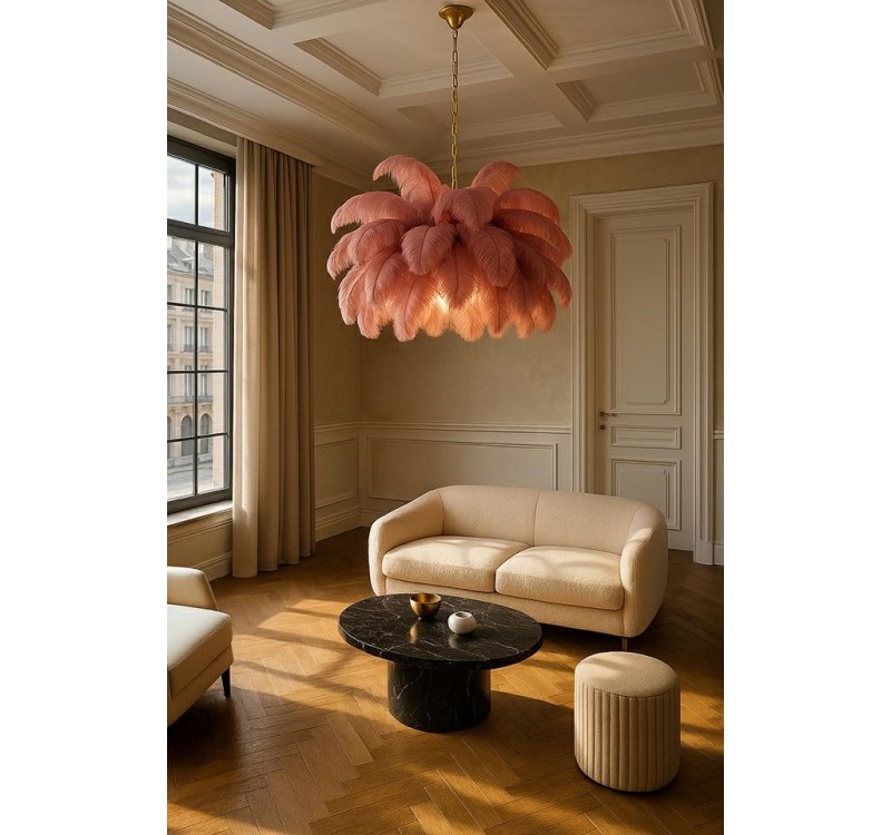 Lampa wisząca TIFFANY 135 różowa mosiądz / naturalne pióra