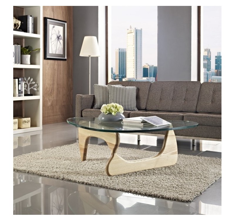 Stolik STABLE - szkło transparentne, podstawa drewniana jesion