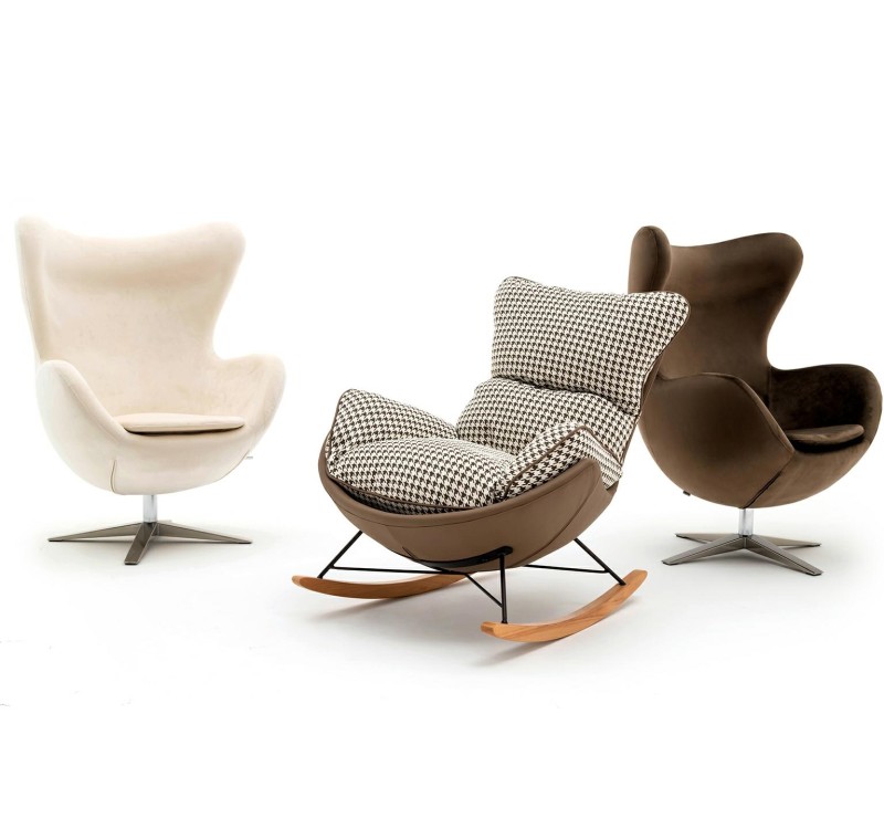 Fotel bujany OTILIA brązowa pepitka -  drewniane płozy, ekoskóra