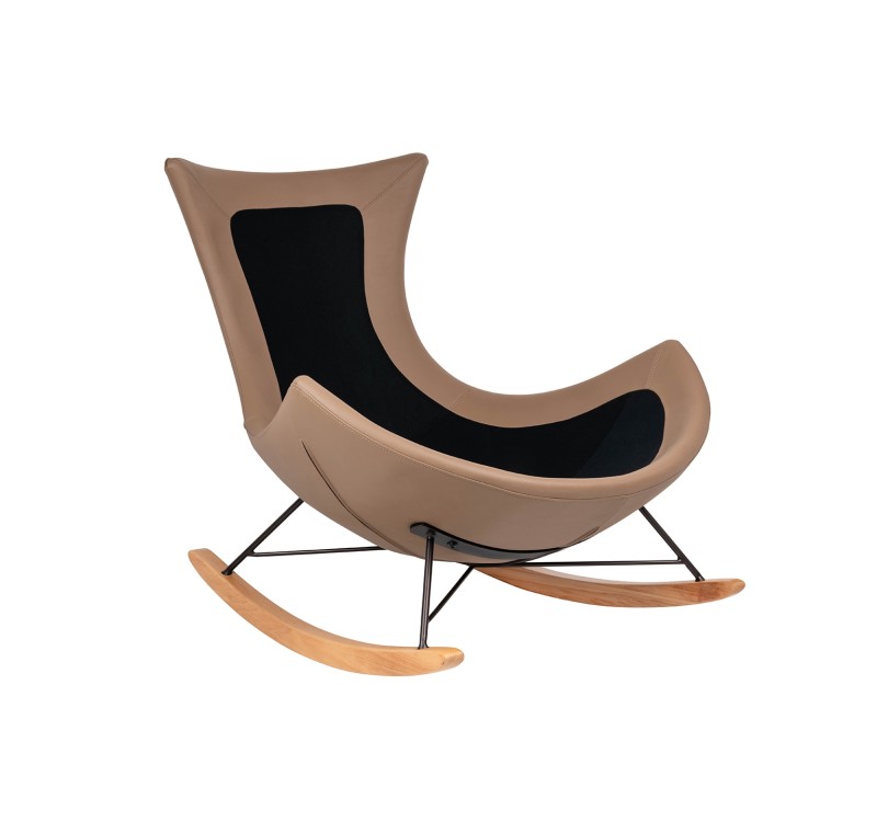Fotel bujany OTILIA brązowa pepitka -  drewniane płozy, ekoskóra
