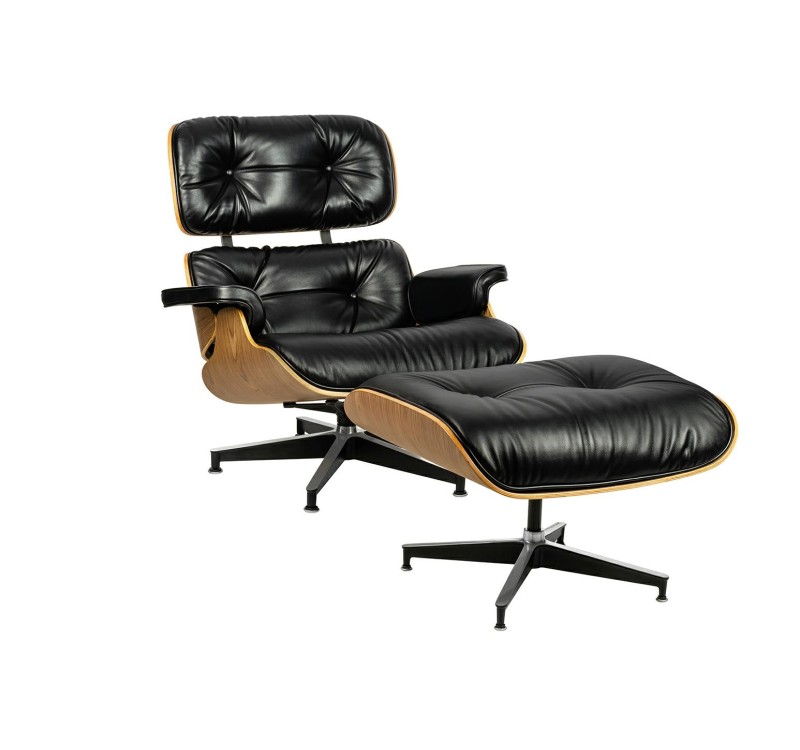 Fotel LOUNGE HM SOFT PREMIUM SZEROKI z podnóżkiem czarny  - sklejka orzech, skóra naturalna