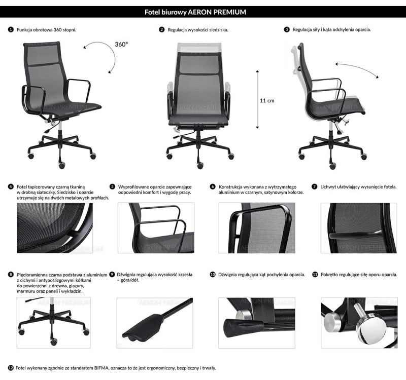 Fotel biurowy AERON PREMIUM czarny - siatka, aluminium