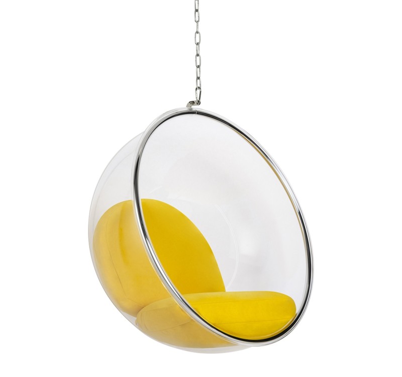 Fotel wiszący BUBBLE poduszka żółta - korpus akryl, poduszka wełna