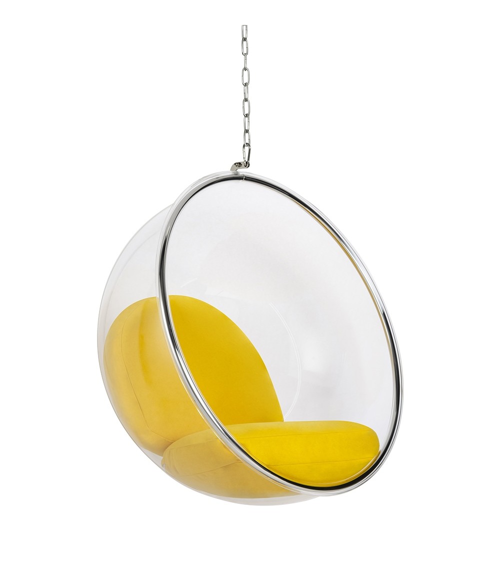 Fotel wiszący BUBBLE poduszka żółta - korpus akryl, poduszka wełna