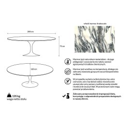Stół TULIP ELLIPSE MARBLE ARABESCATO 200  biały - marmur, metal