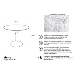 Stół TULIP MARBLE 100 CARRARA biały -     marmur, metal