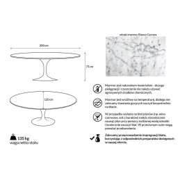 Stół TULIP ELLIPSE MARBLE CARRARA 200     biały - marmur, metal