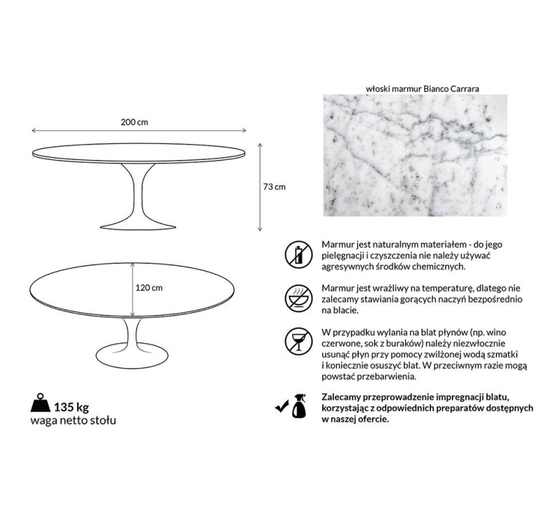 Stół TULIP ELLIPSE MARBLE CARRARA biały - blat owalny marmurowy, metal