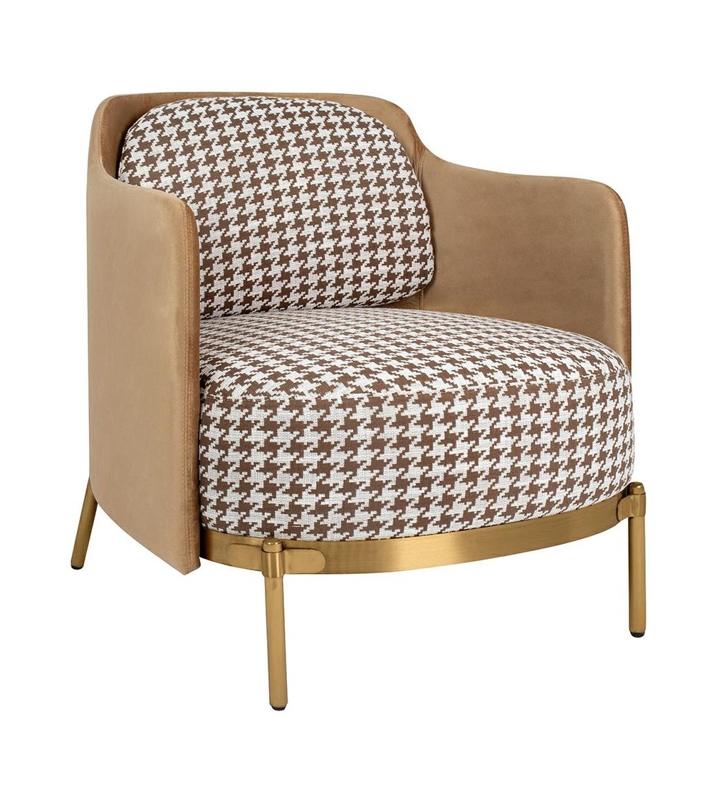 Fotel VENICE tkanina pepitka biało-brązowa - złota podstawa