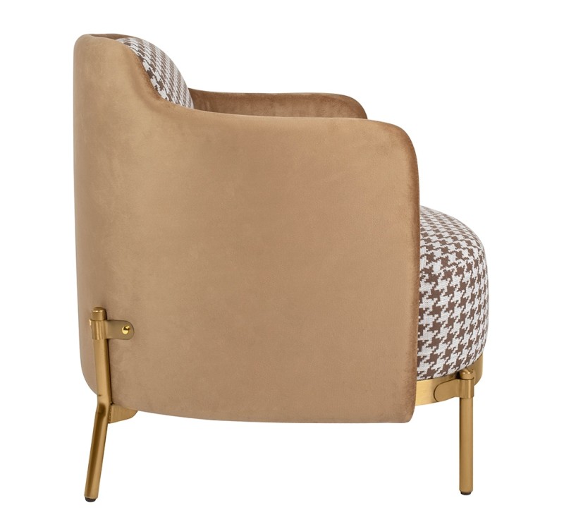 Fotel VENICE tkanina pepitka biało-brązowa - złota podstawa