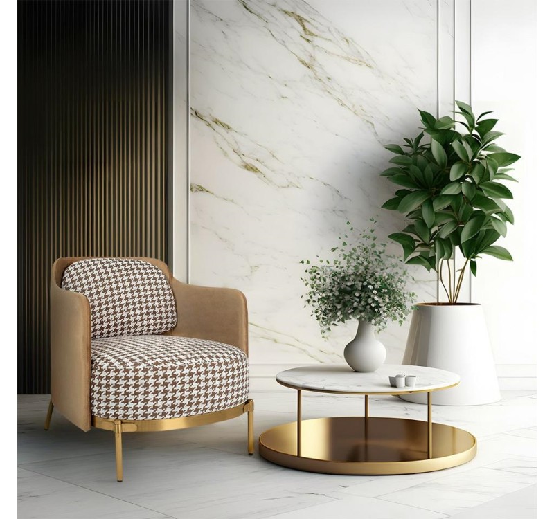 Fotel VENICE tkanina pepitka biało-brązowa - złota podstawa