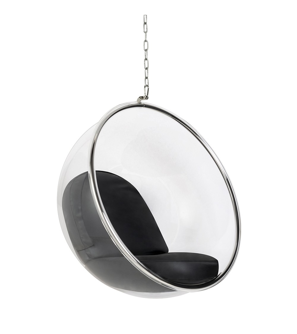 Fotel wiszący BUBBLE poduszka  czarna - korpus akryl, poduszka ekoskóra