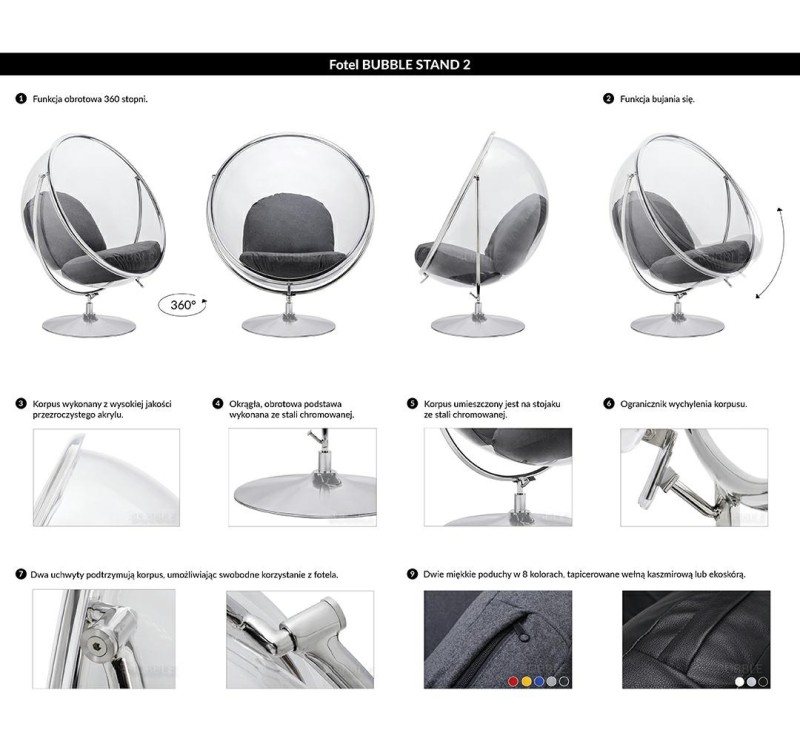 Fotel BUBBLE STAND 2 poduszka czerwona - akryl, chrom, wełna